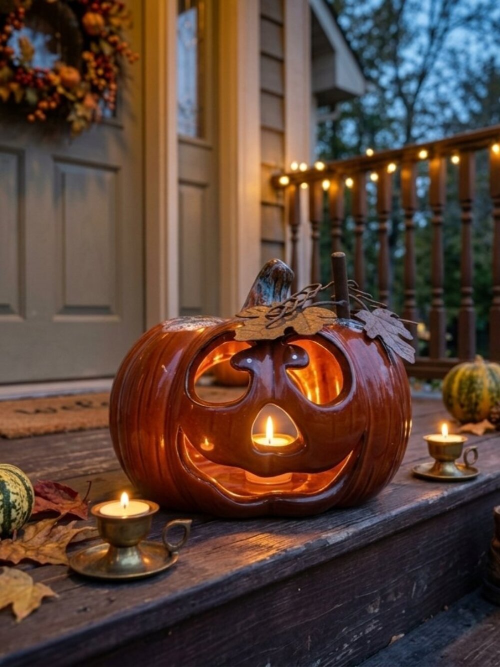 Halloween Pumpkin Jack-O-Lantern Ceramic Tealight Votive Candle Holder - Picture 1 of 16